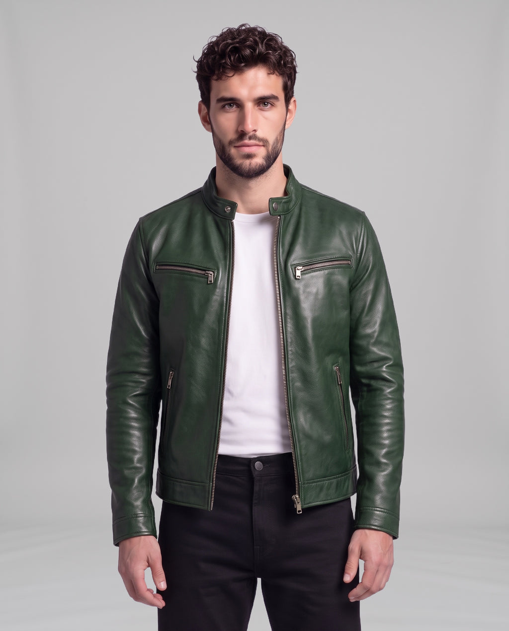 Male model wearing the Garrett vintage leather cafe-racer jacket in Pine Green over a white t-shirt, front view