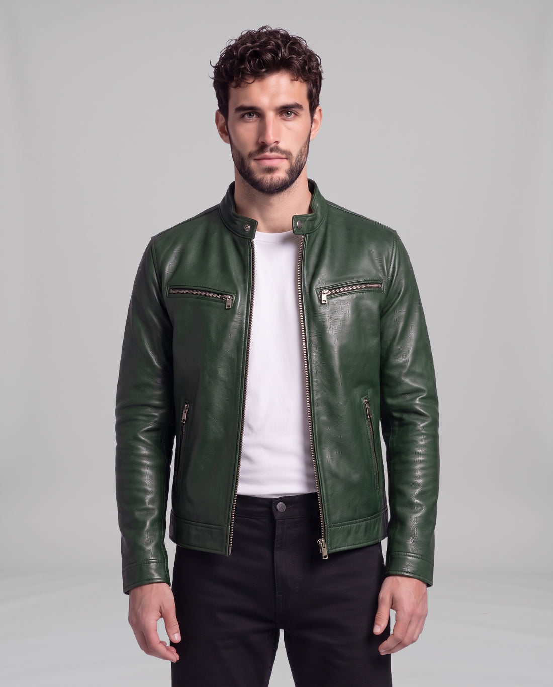 Male model wearing the Garrett vintage leather cafe-racer jacket in Pine Green over a white t-shirt, front view