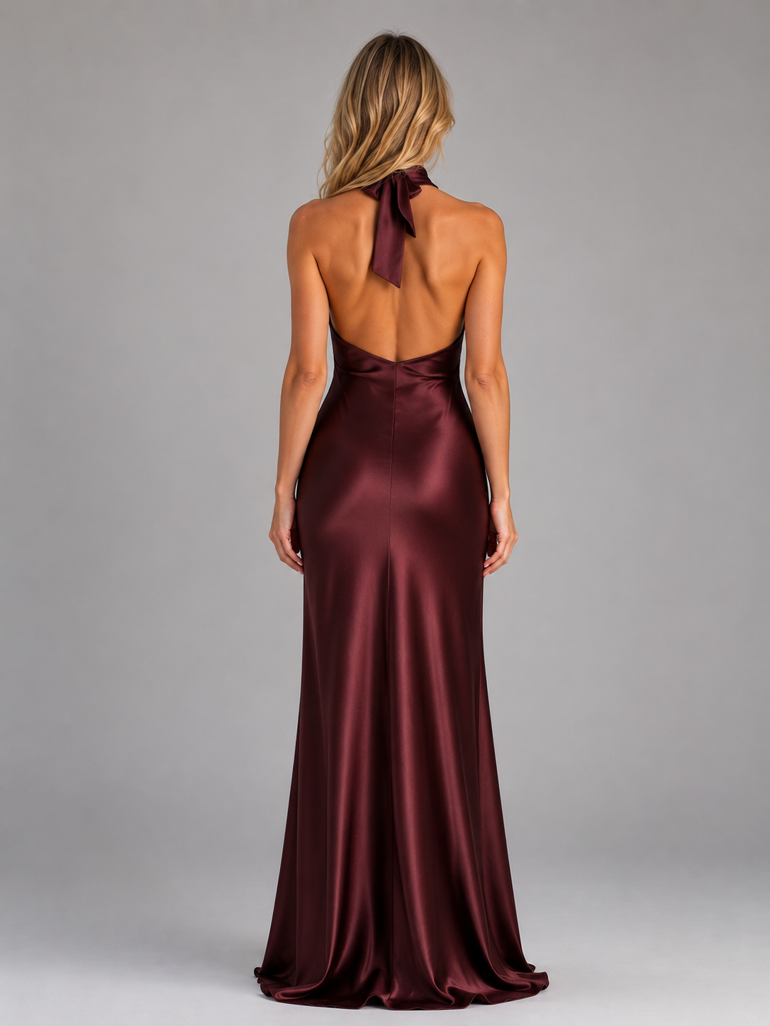 Woman wearing burgundy halter neck maxi dress with open back and flowing satin fabric, shown from rear view against gray background