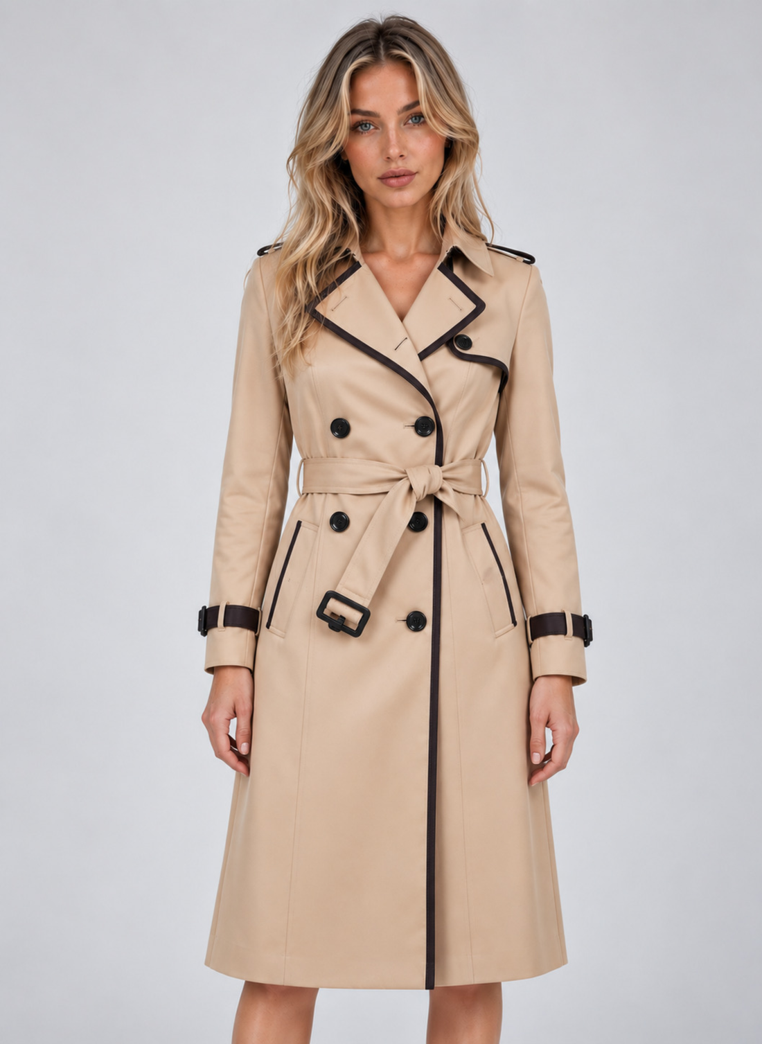 Woman wearing beige double-breasted trench coat with black trim, belt and cuffs, knee-length style