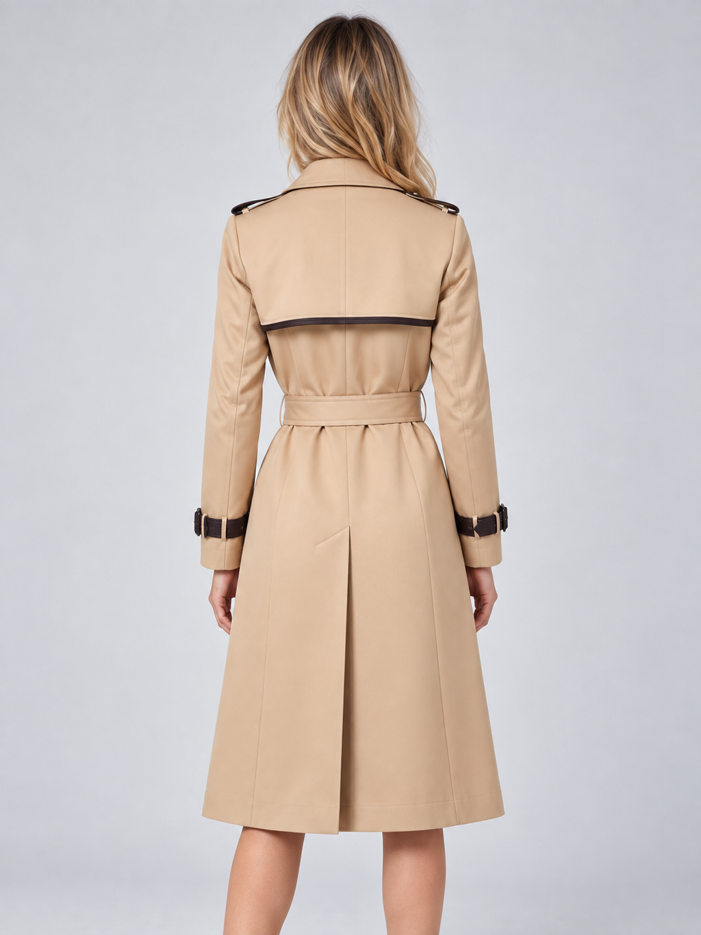 Woman wearing beige belted trench coat with black trim, double-breasted design, and buckled cuffs, shown from back view