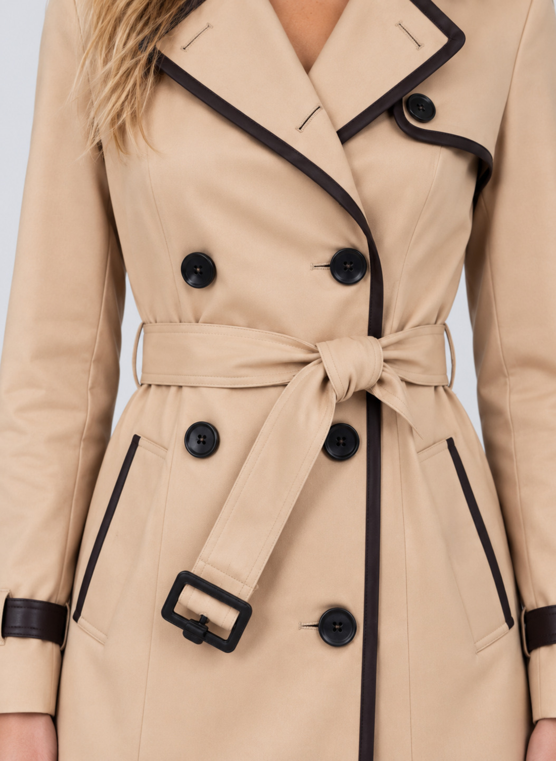 Women's beige double-breasted trench coat with black trim, belt, buttons, and cuffs