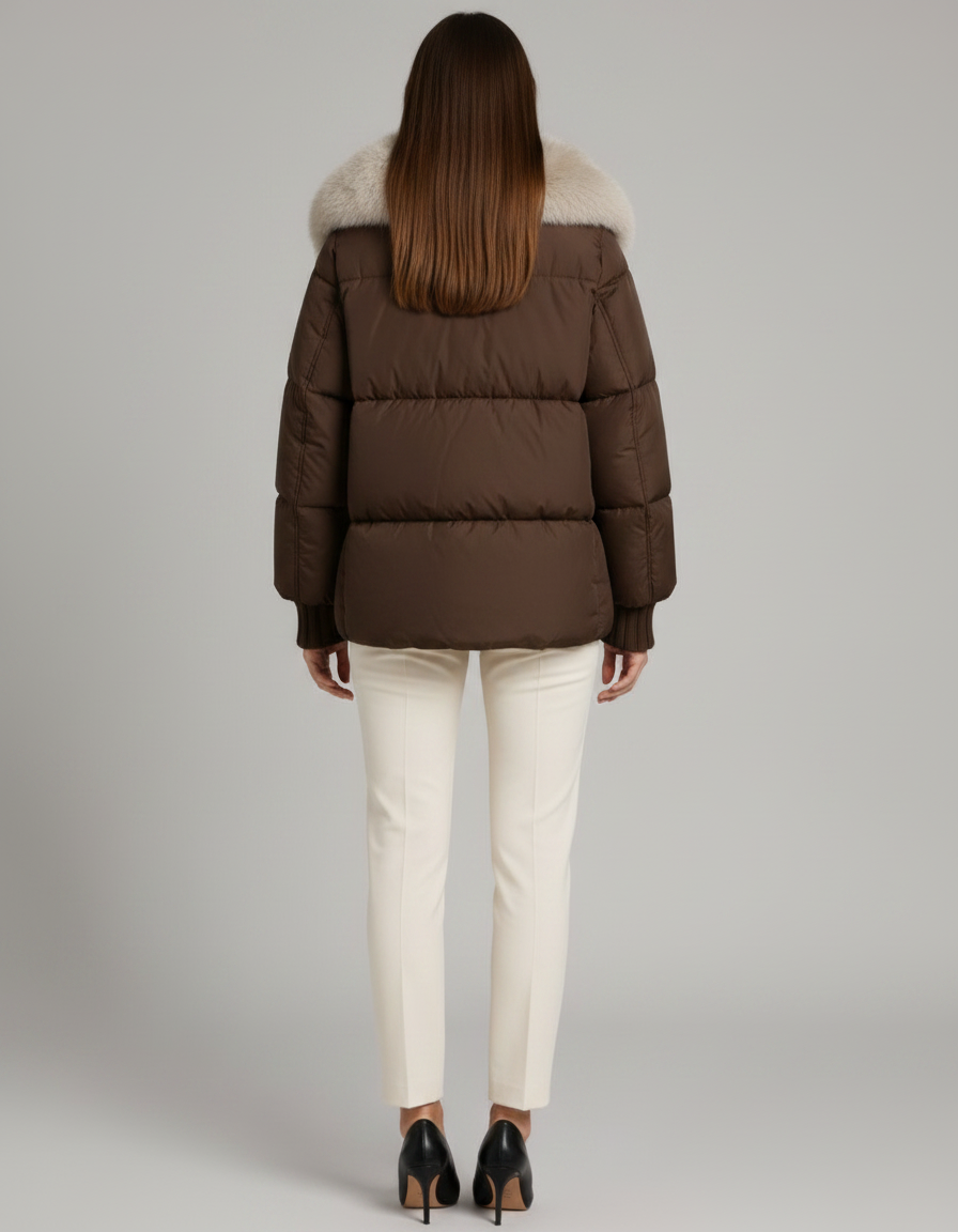 Woman wearing brown quilted puffer jacket with white faux fur collar, cream pants, and black heels, viewed from back