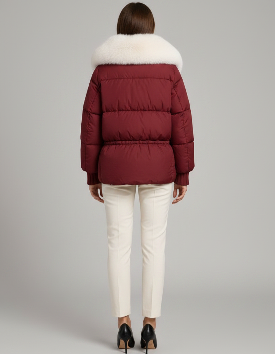 Woman wearing burgundy puffer jacket with white faux fur collar and cream pants, back view