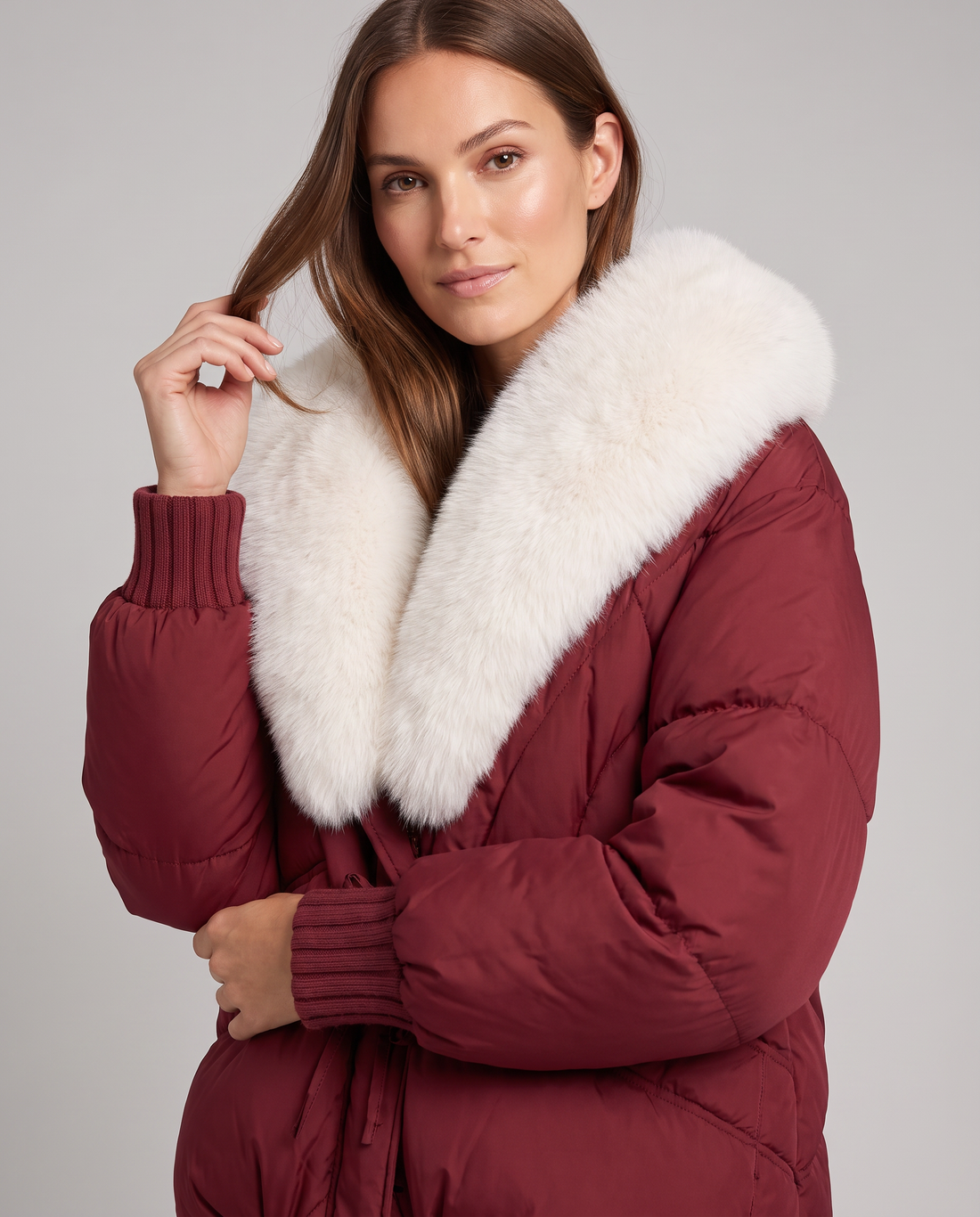 Thorne | Women's Brown Puffer Jacket with Faux Fur Collar