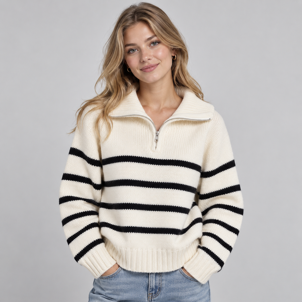 Woman wearing cream and black striped half zip funnel neck jumper with ribbed cuffs and hem
