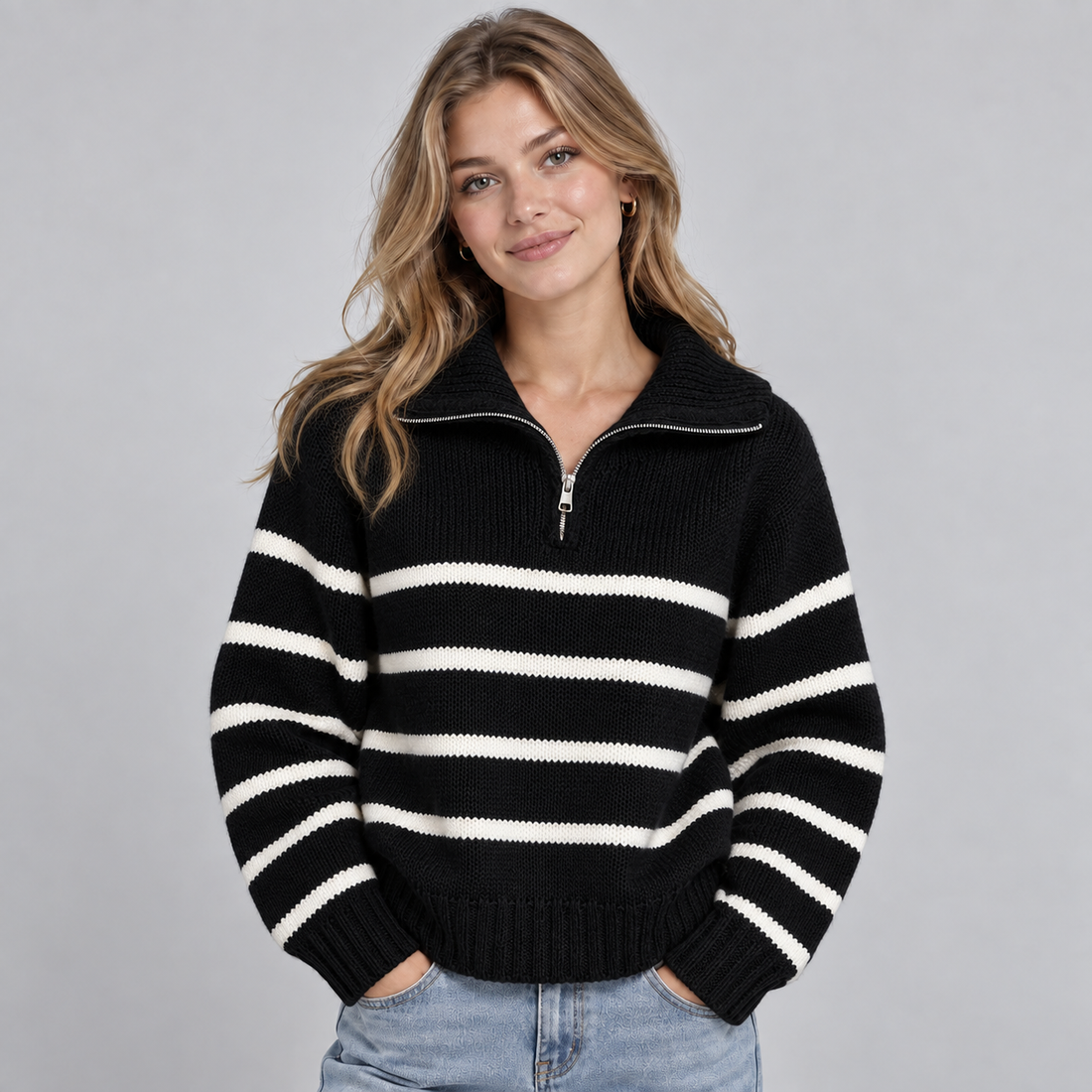 Woman wearing black and white striped half zip funnel neck jumper over blue jeans