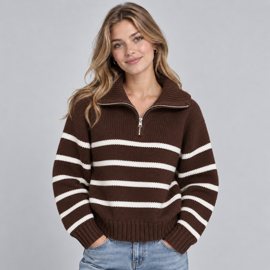 Woman wearing brown and white striped half-zip funnel neck jumper with ribbed collar over light blue jeans