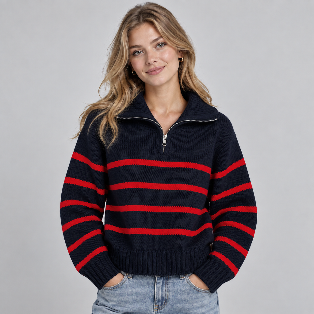 Women's navy and red striped half zip funnel neck jumper worn with light blue jeans