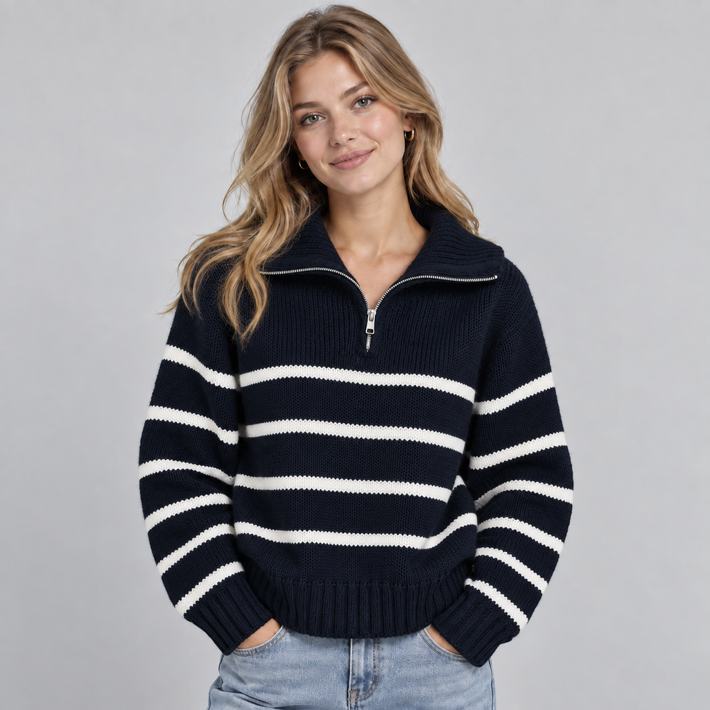 Woman wearing black and white striped funnel neck half zip jumper with ribbed knit texture