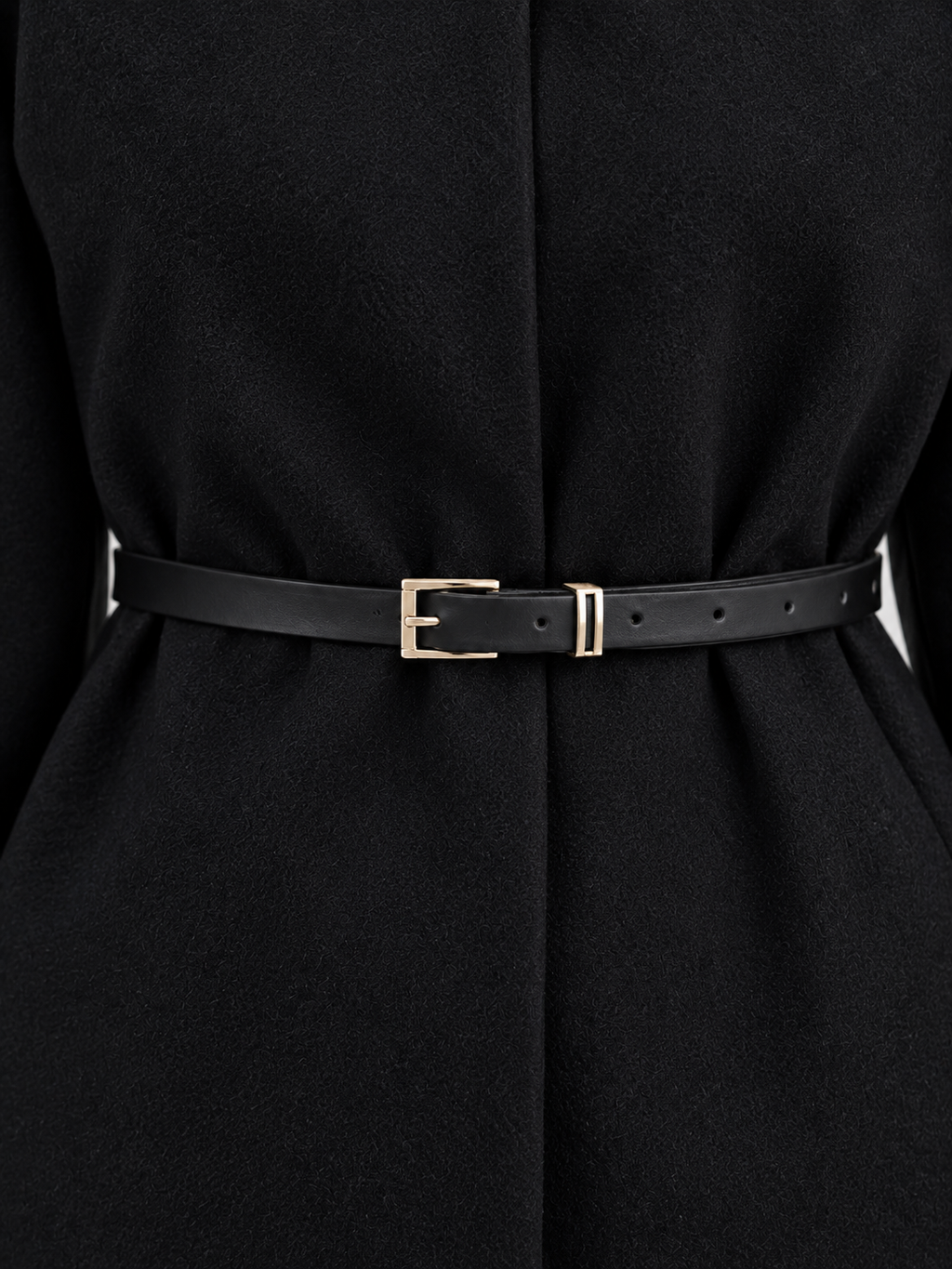 Black belted cape jacket with gold buckle and metal accent detailing at waist