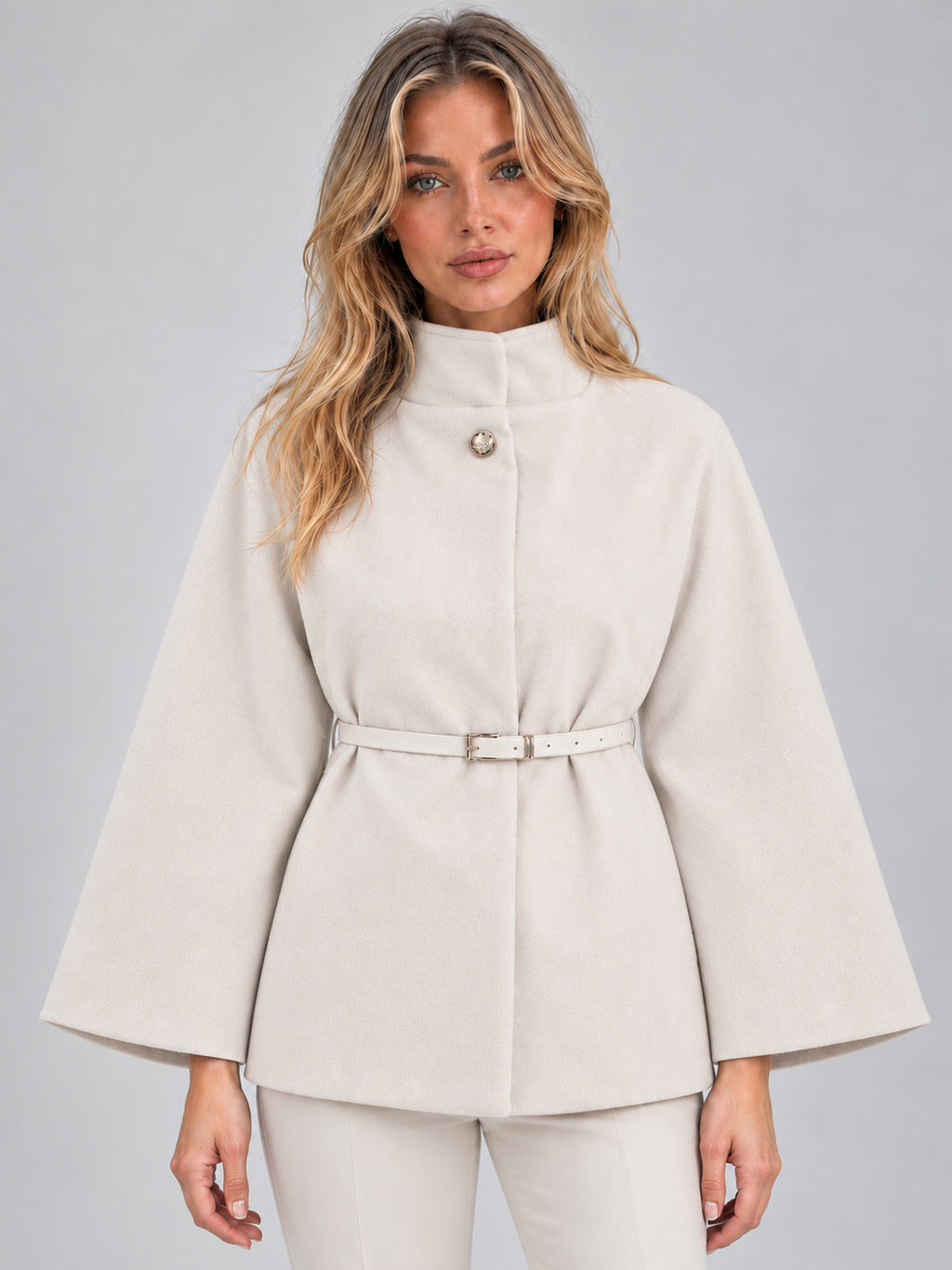 Woman wearing cream high neck belted cape jacket with flared sleeves and matching cream pants against white background