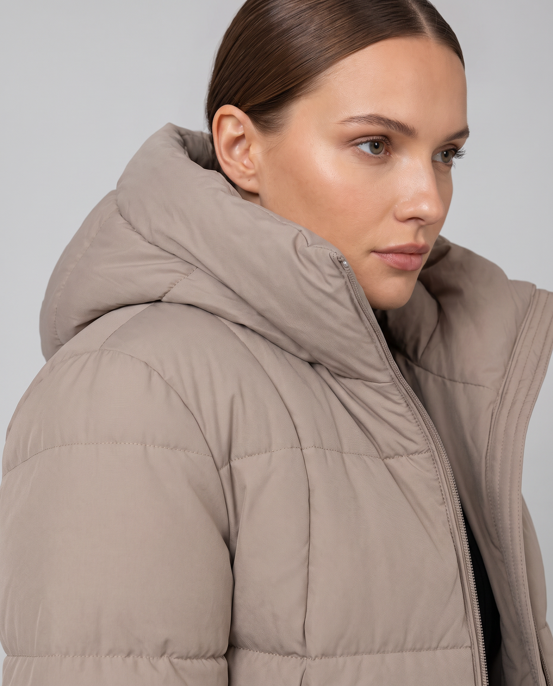 Indra | Women's Knee Length Khaki Hooded Puffer Coat