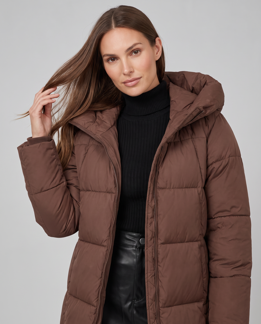 Indra | Women's Knee Length Khaki Hooded Puffer Coat