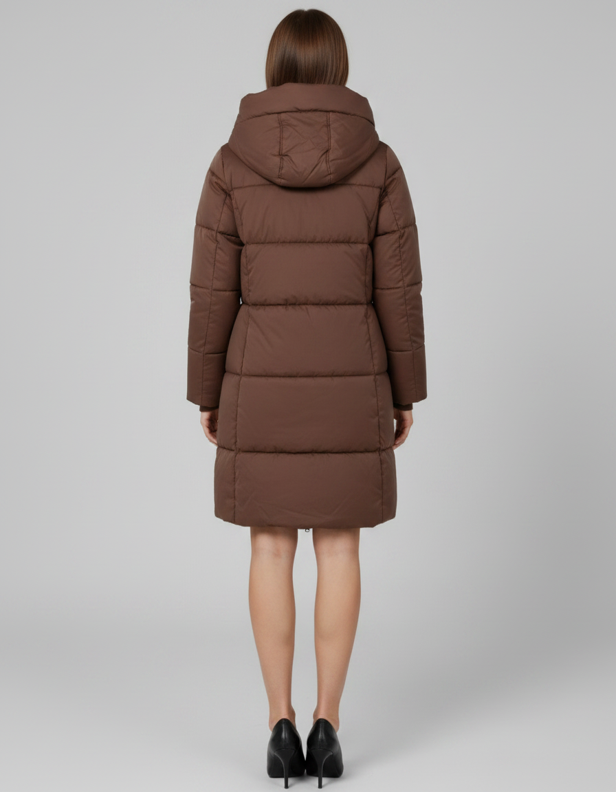 Woman wearing brown knee-length hooded puffer coat with quilted sections, shown from back view, styled with black heels