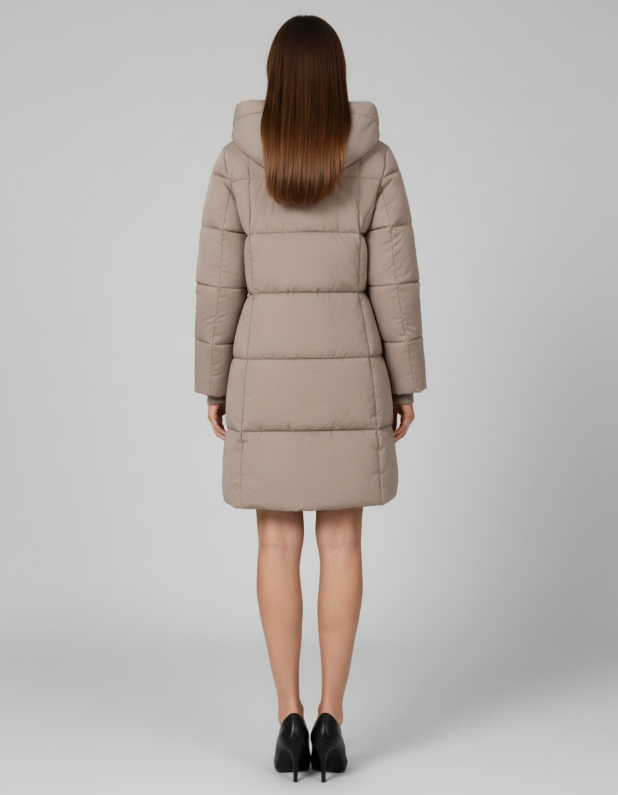 Woman wearing knee-length khaki hooded puffer coat with long sleeves, shown from back view, paired with black heeled boots