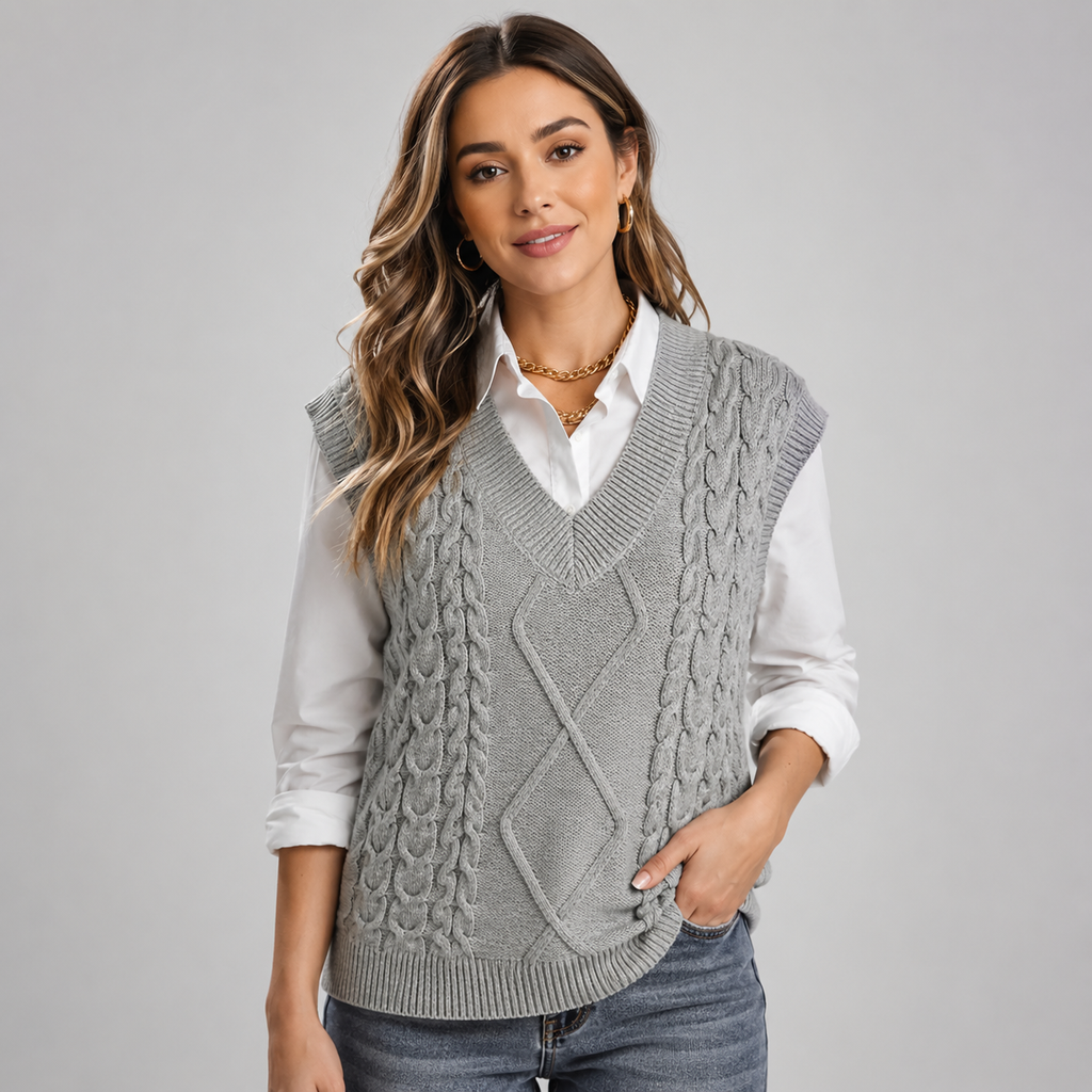 Woman wearing light gray cable knit sweater vest over white collared shirt with jeans and gold chain necklace