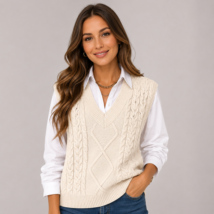 Woman wearing cream cable knit v-neck sweater vest over white collared shirt with blue jeans