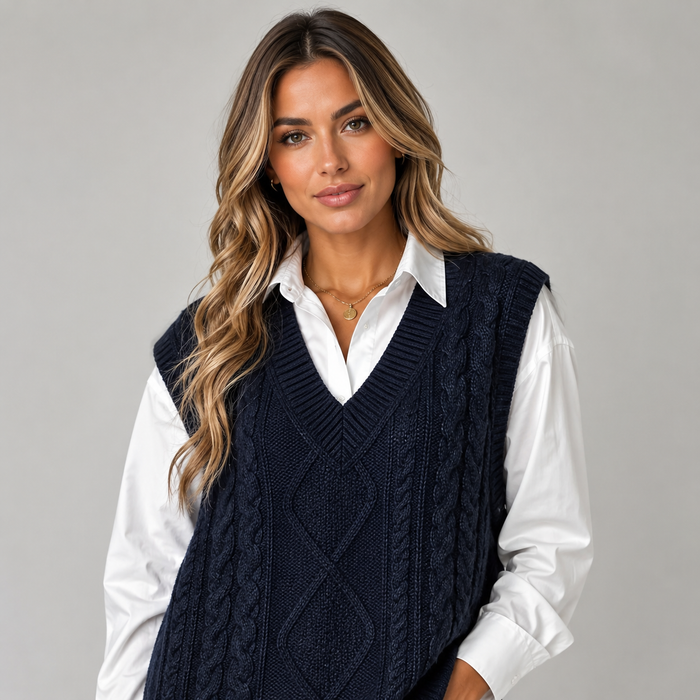 Woman wearing navy cable knit V-neck sweater vest over white collared long-sleeve shirt with gold pendant necklace