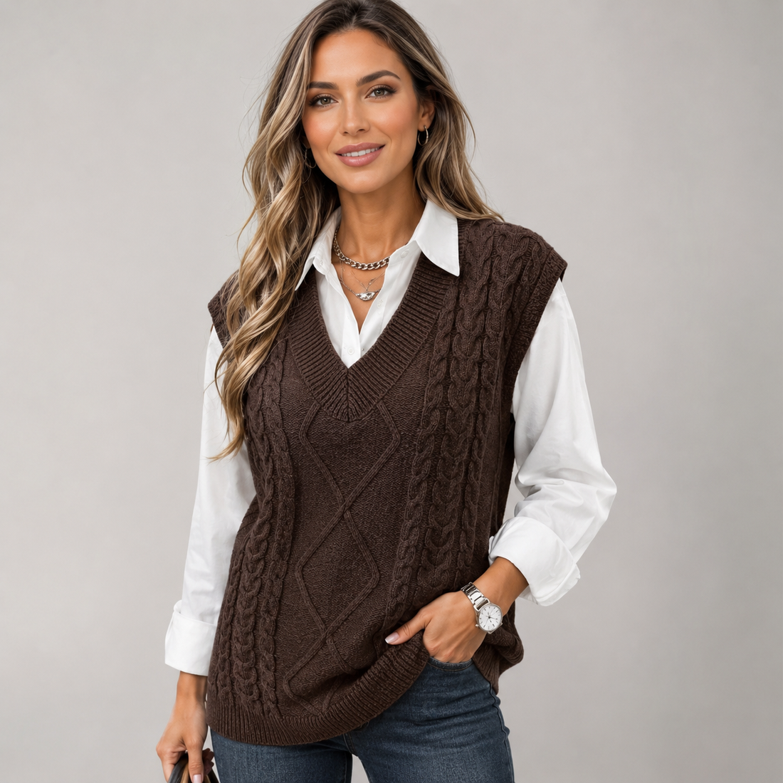 Women's brown cable knit V-neck sweater vest worn over white collared shirt with dark jeans