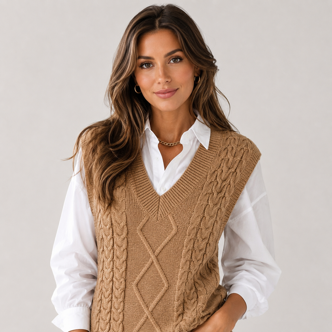 Woman wearing tan cable knit sweater vest over white collared shirt with gold chain necklace