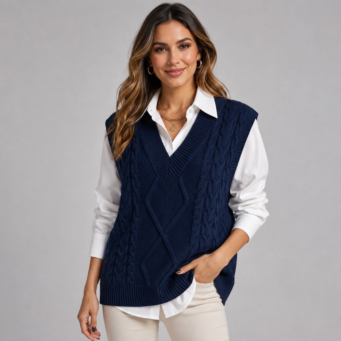 Woman wearing navy cable knit V-neck sweater vest over white collared shirt with gold necklace and cream pants