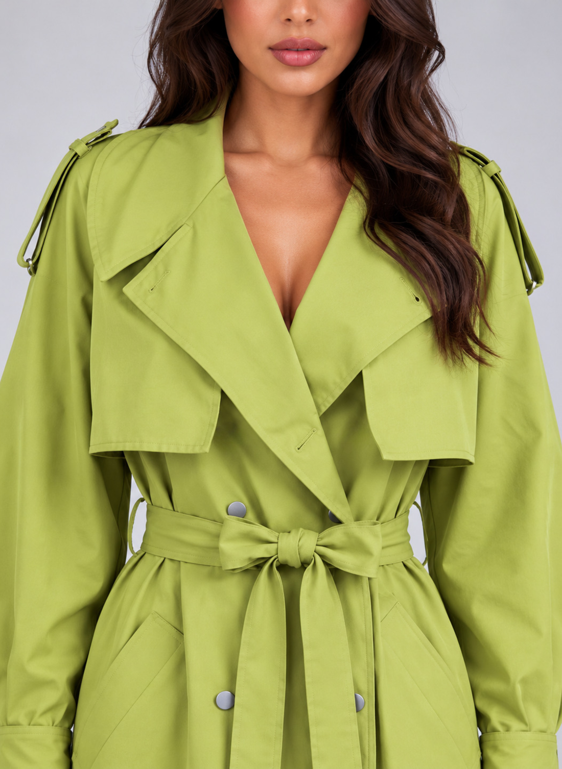 Woman wearing lime green double-breasted belted longline trench coat with puffed sleeves and button details