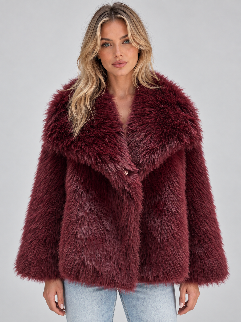 Woman wearing oversized burgundy faux fur coat with plush collar and light wash jeans against white background