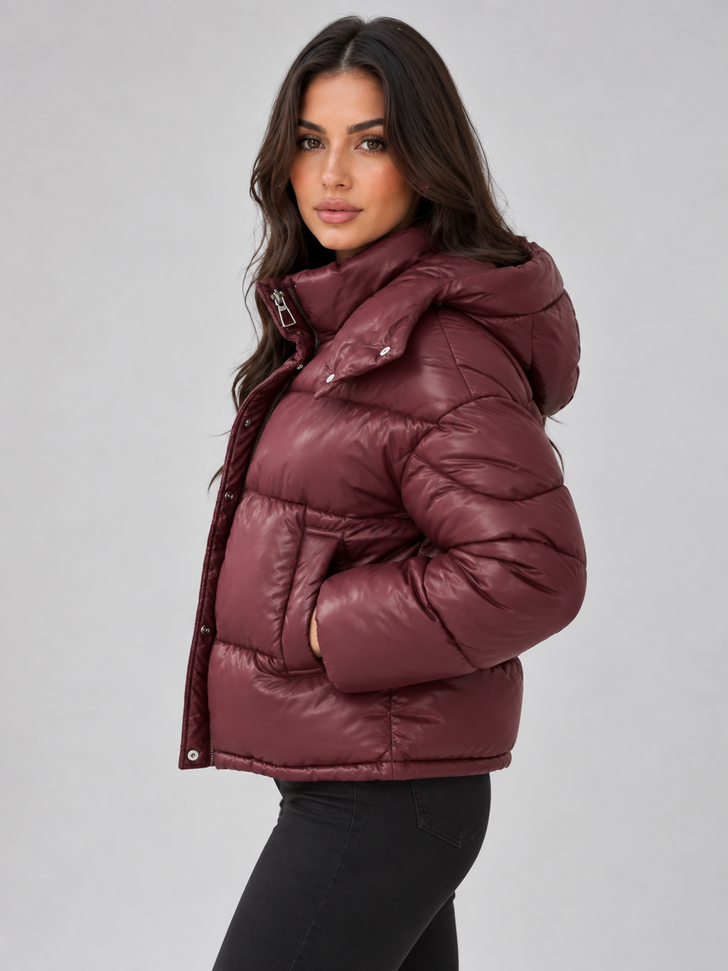 Woman wearing burgundy padded puffer jacket with hood and black jeans, standing against gray background