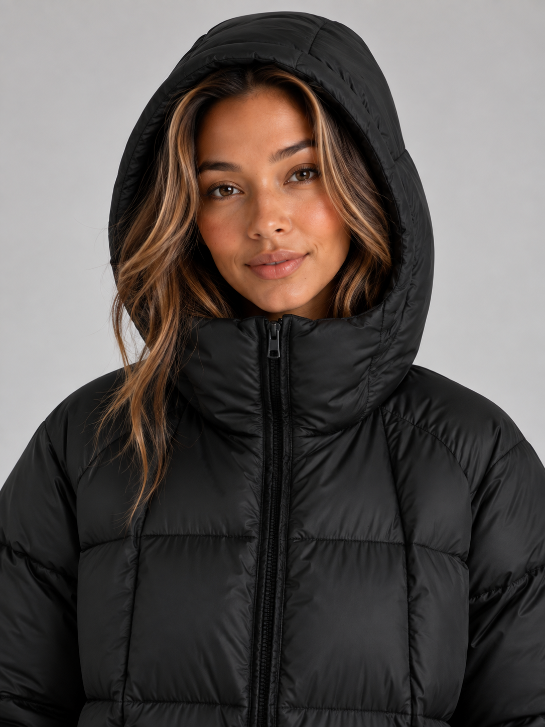 Woman wearing black padded hooded puffer coat with full zip front, caramel highlighted wavy hair, studio portrait against gray background