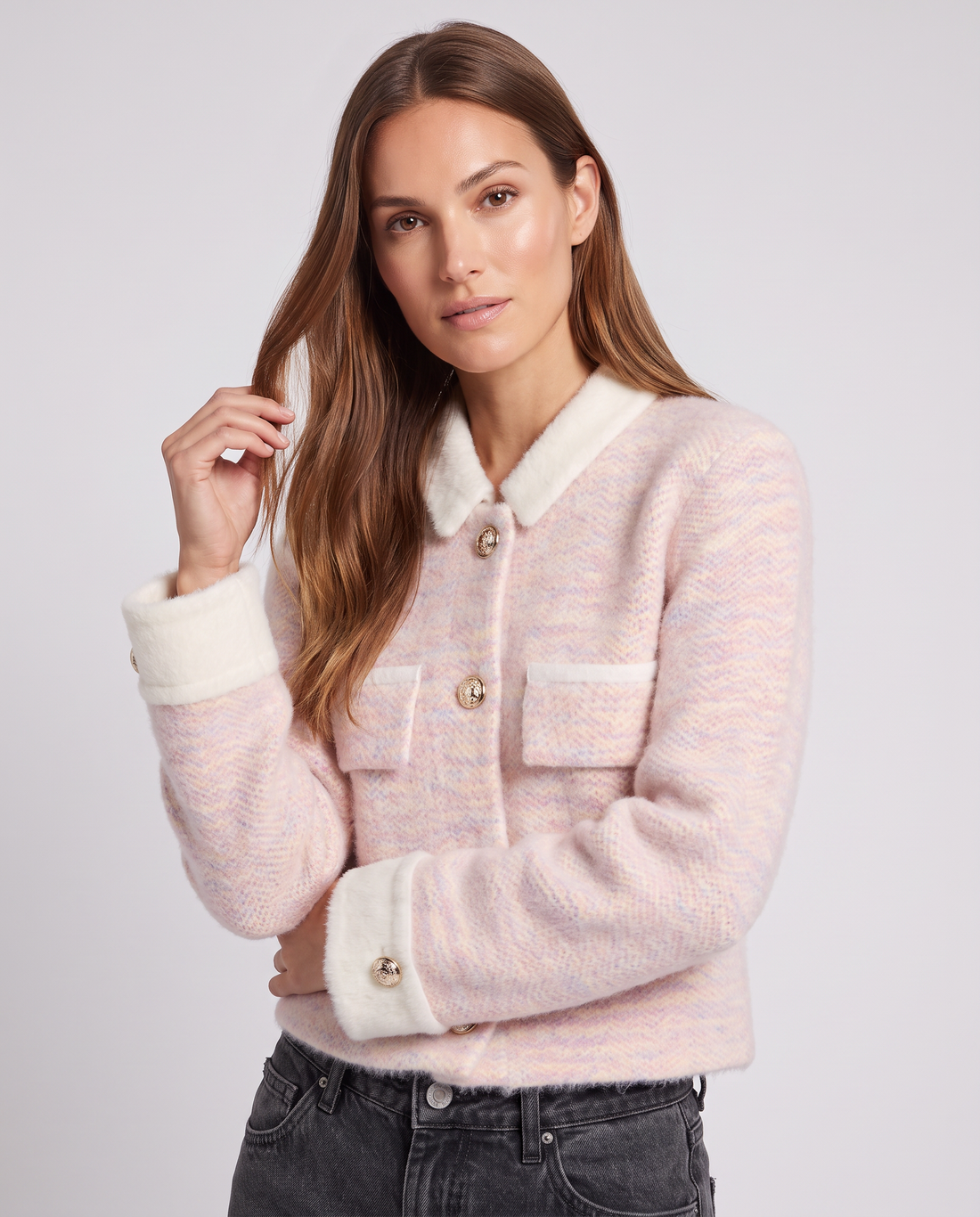Hadley | Women's Pink Fuzzy Cardigan with Contrast Collar