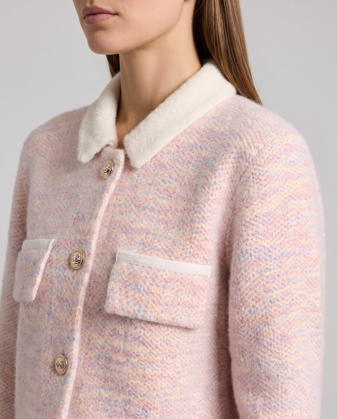 Hadley | Women's Pink Fuzzy Cardigan with Contrast Collar