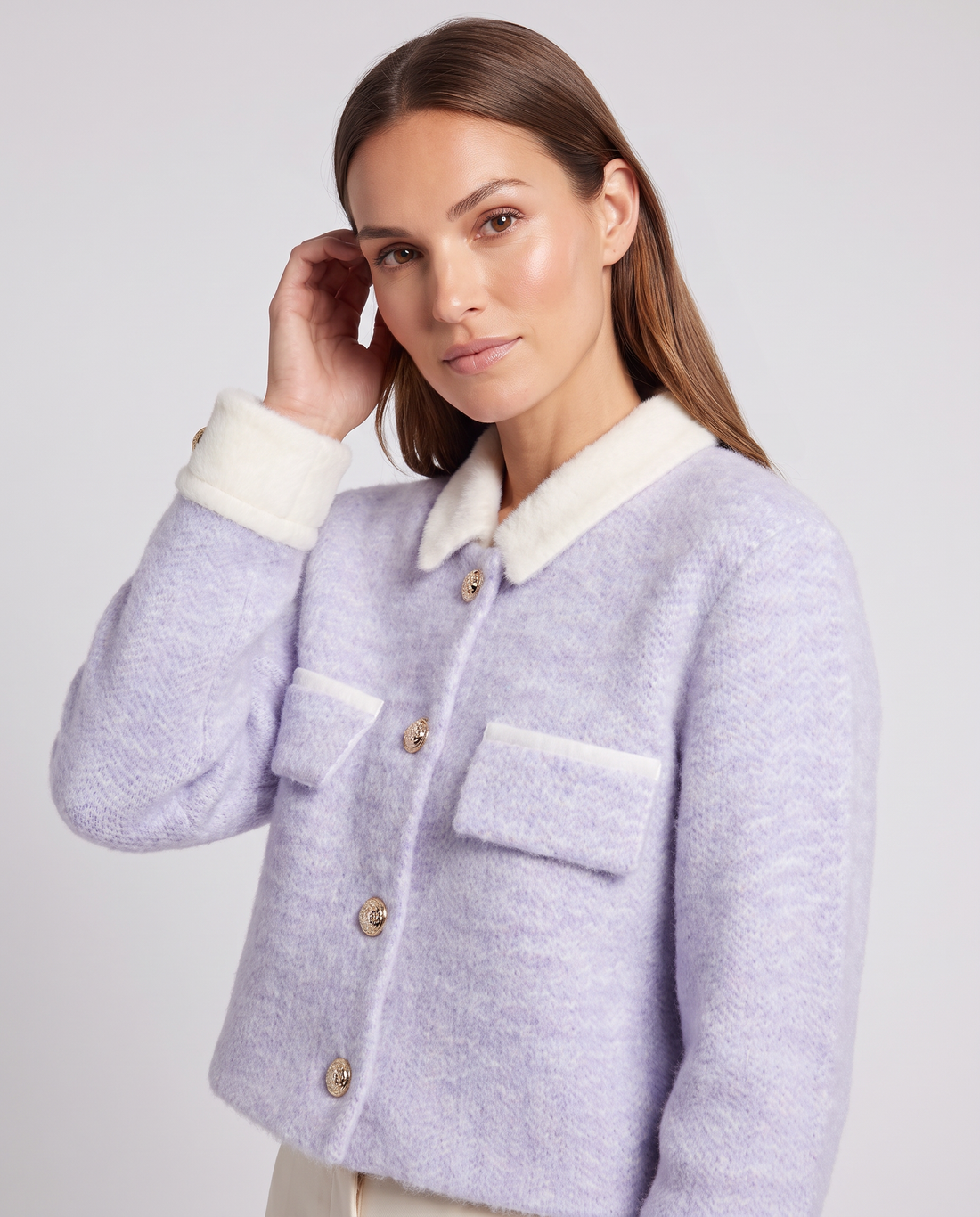 Hadley | Women's Pink Fuzzy Cardigan with Contrast Collar