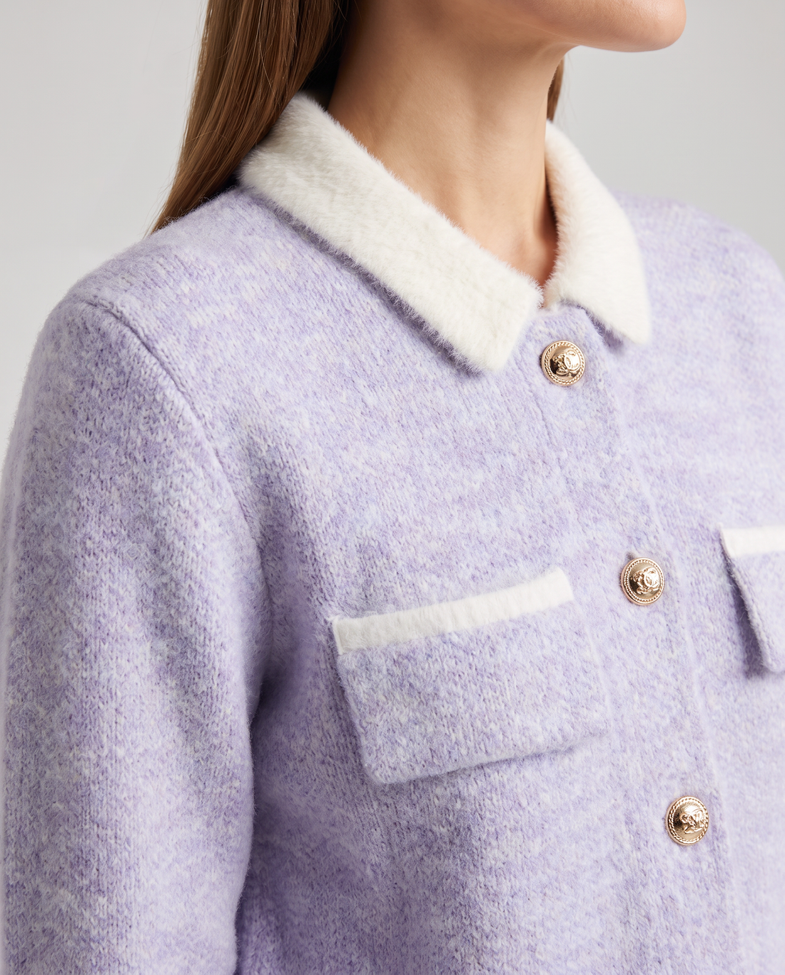 Hadley | Women's Pink Fuzzy Cardigan with Contrast Collar