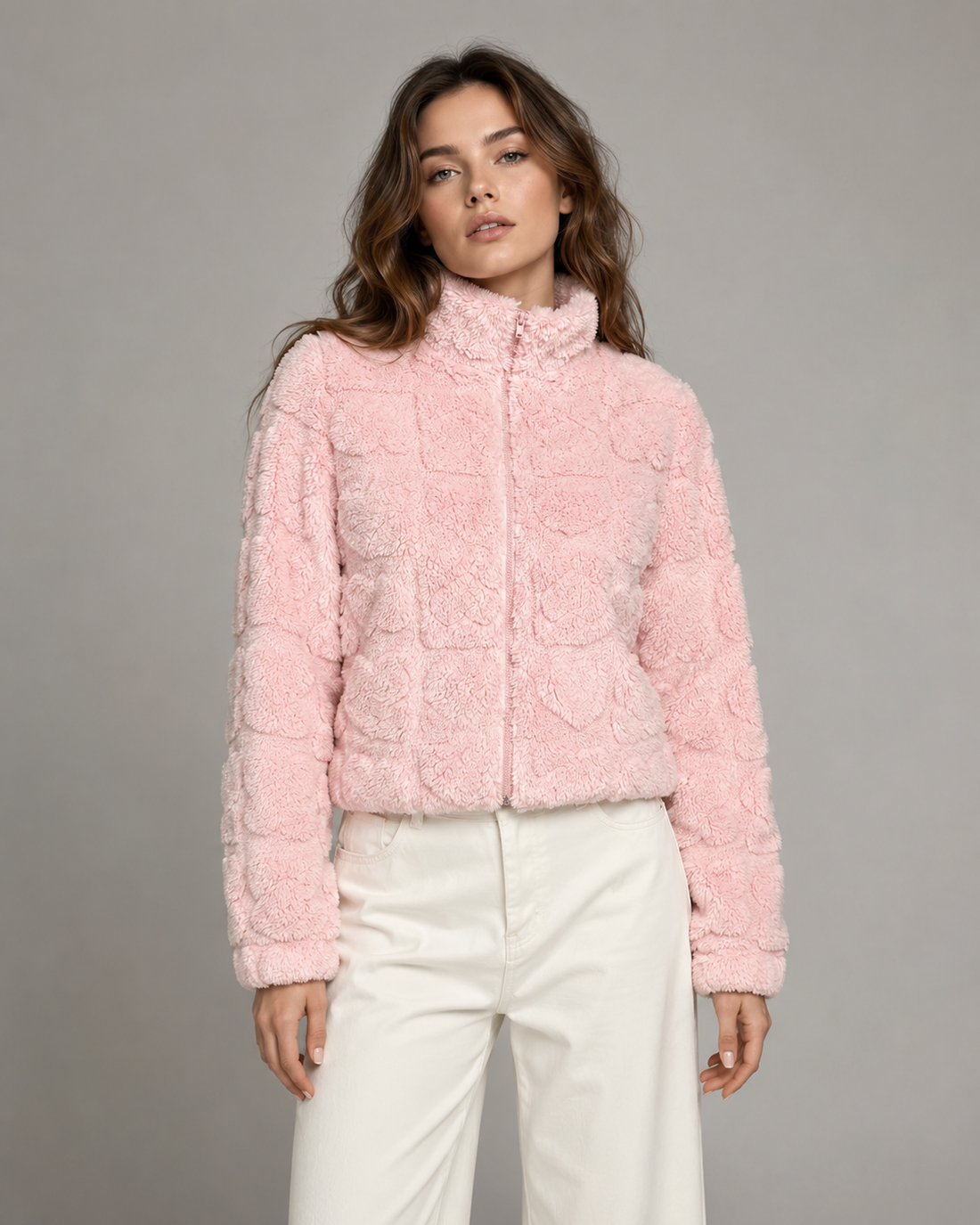 Cora | Women's Pink Heart Teddy Fleece Zip Up Jacket