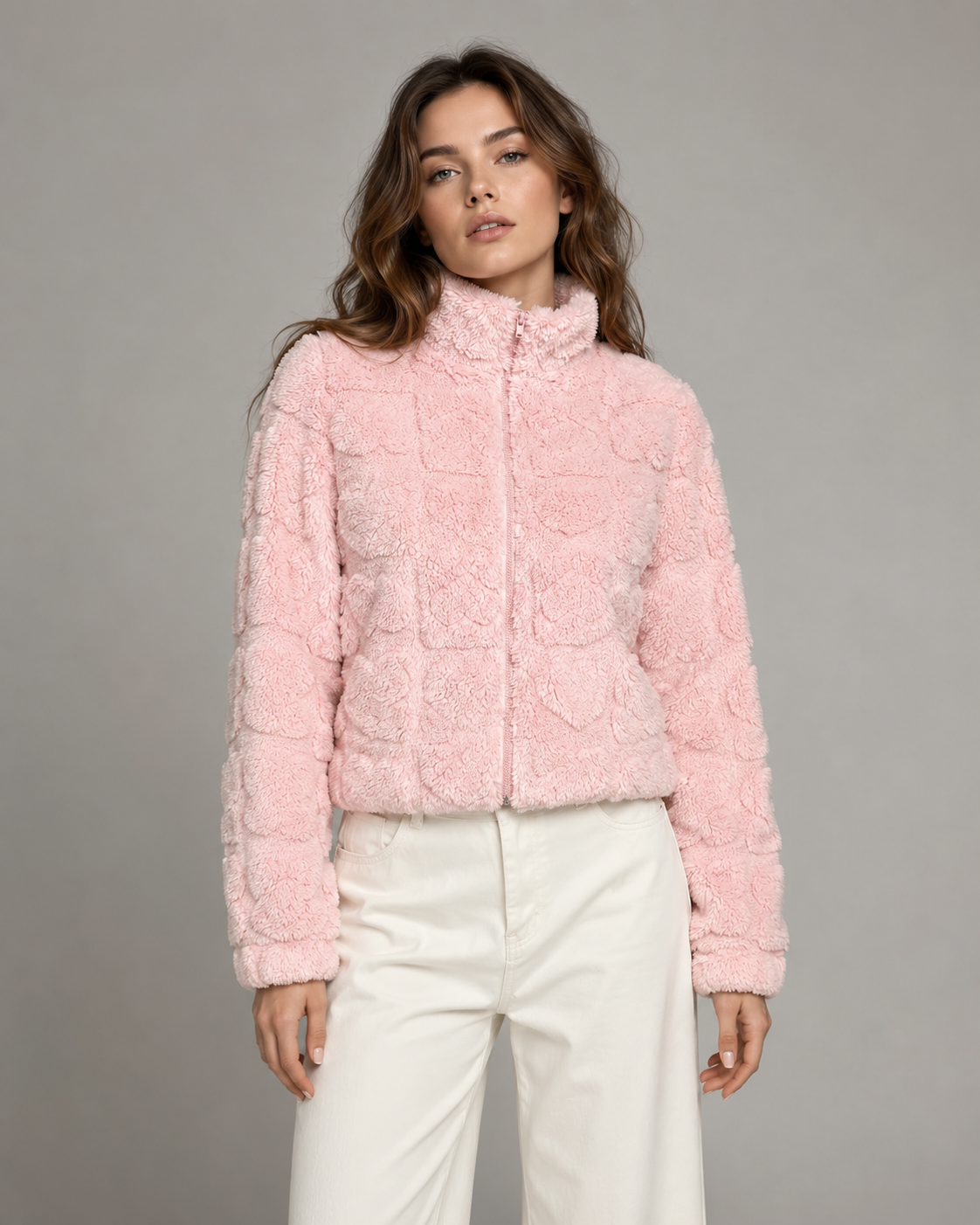 Cora | Women's Pink Heart Teddy Fleece Zip Up Jacket