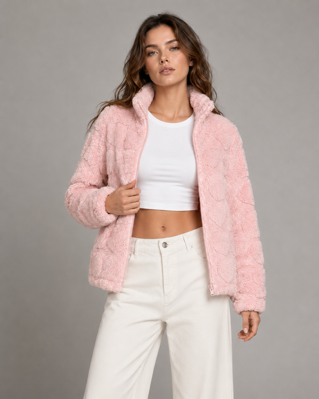 Cora | Women's Pink Heart Teddy Fleece Zip Up Jacket