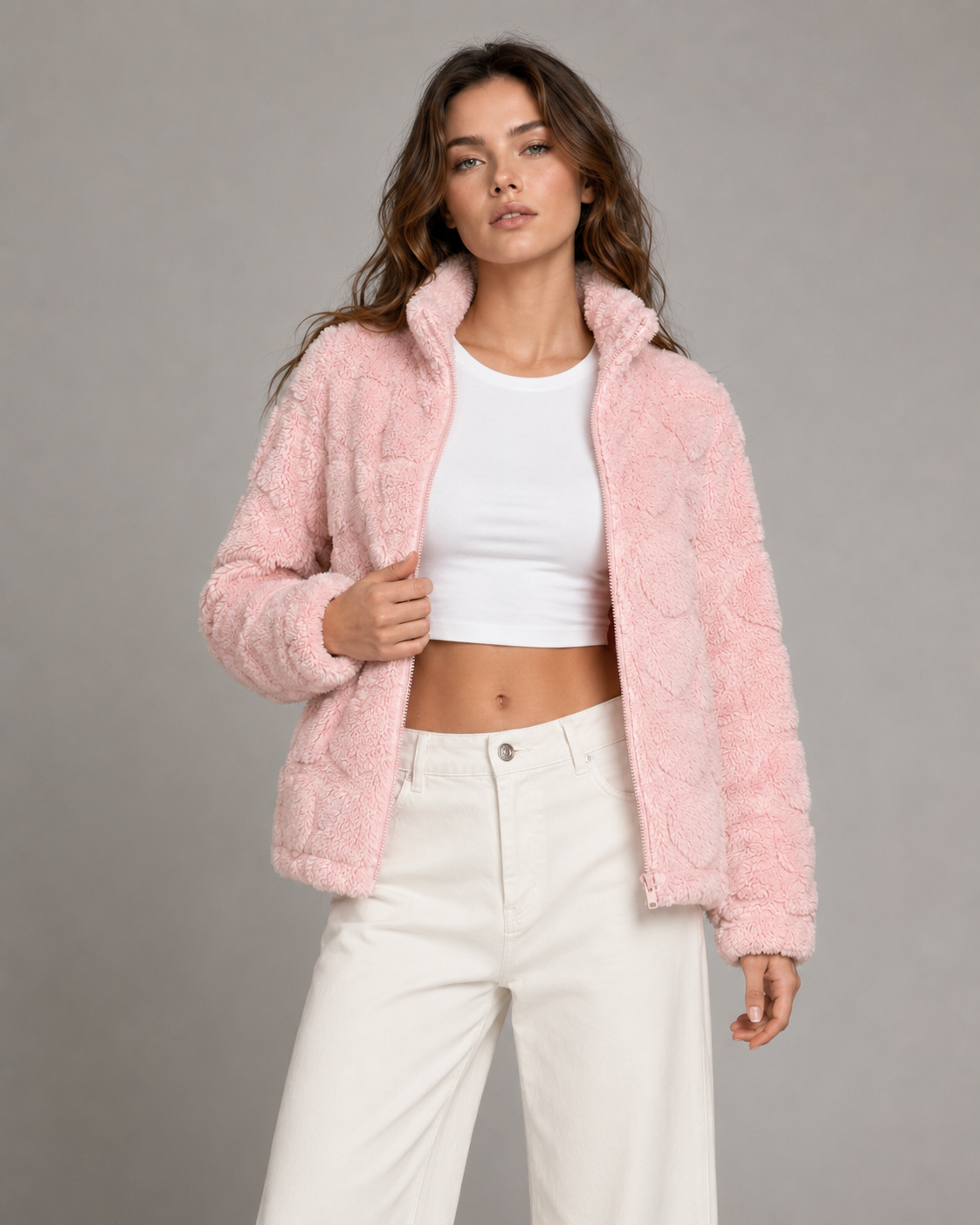 Cora | Women's Pink Heart Teddy Fleece Zip Up Jacket