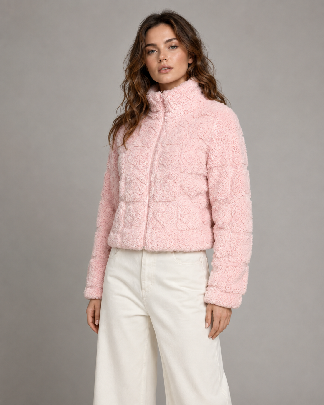 Cora | Women's Pink Heart Teddy Fleece Zip Up Jacket