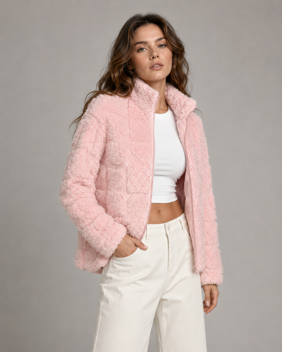 Cora | Women's Pink Heart Teddy Fleece Zip Up Jacket