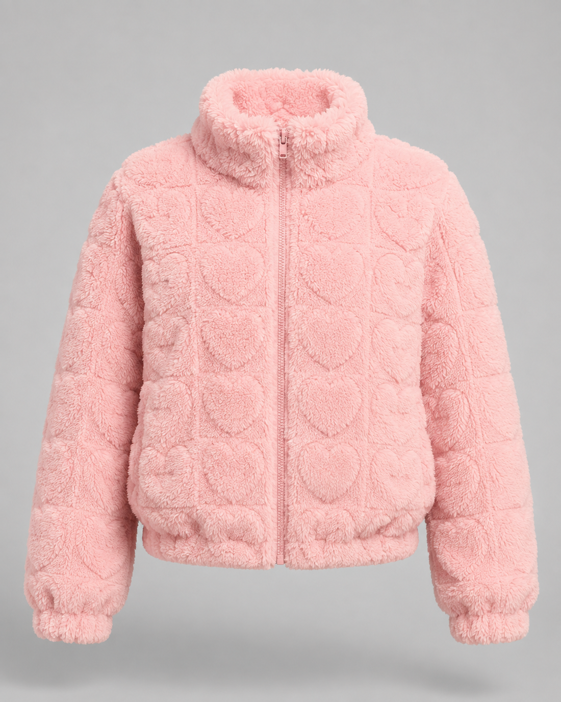 Cora | Women's Pink Heart Teddy Fleece Zip Up Jacket