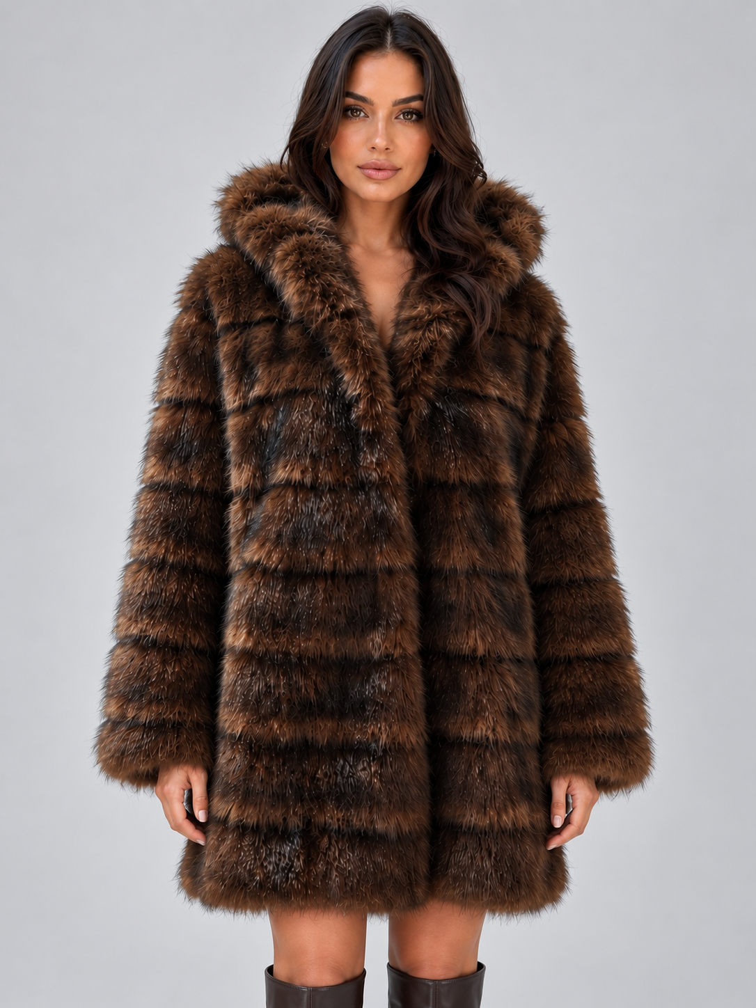 Woman wearing brown panelled faux fur coat with hood and long sleeves, styled with black boots against white background