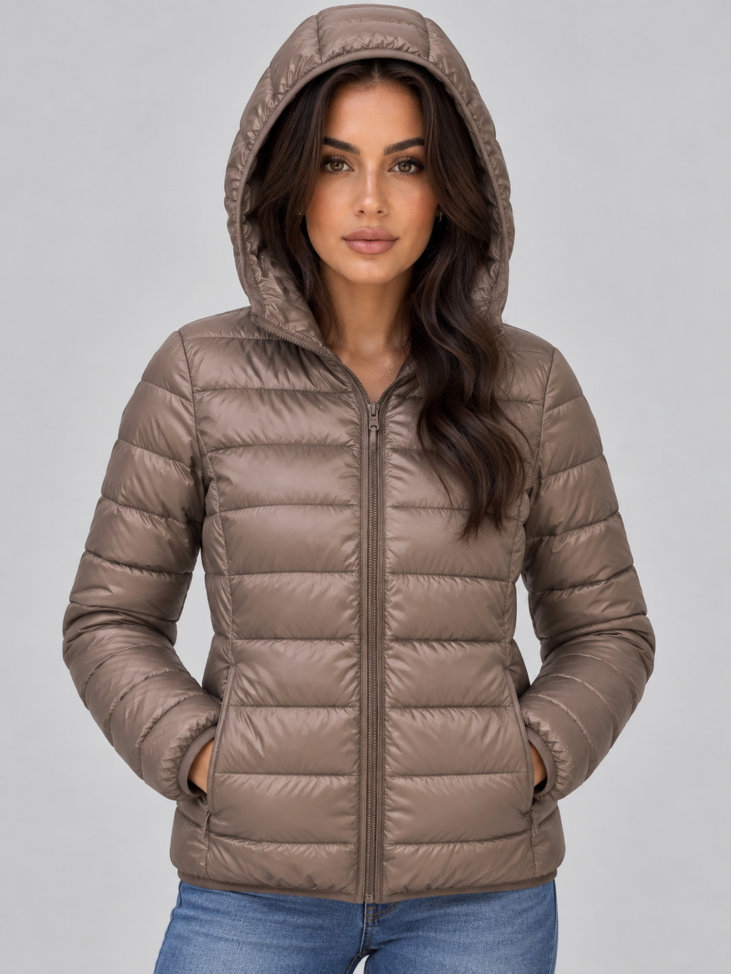 Woman wearing taupe quilted zip-up puffer jacket with hood and jeans against white background