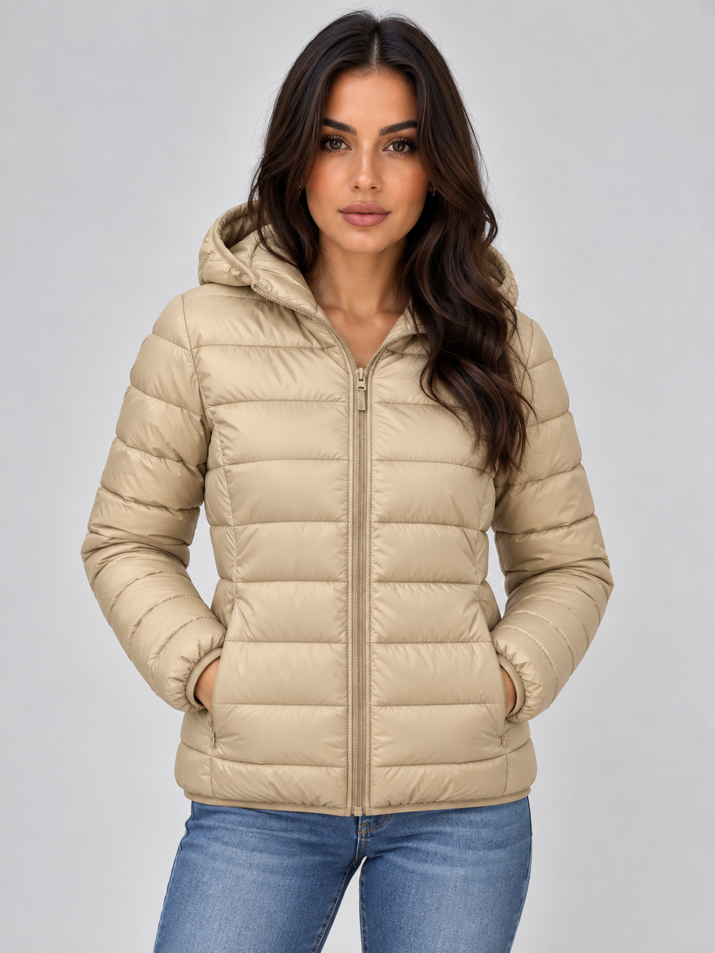 Woman wearing beige quilted zip-up hooded puffer jacket with long sleeves and blue jeans against white background