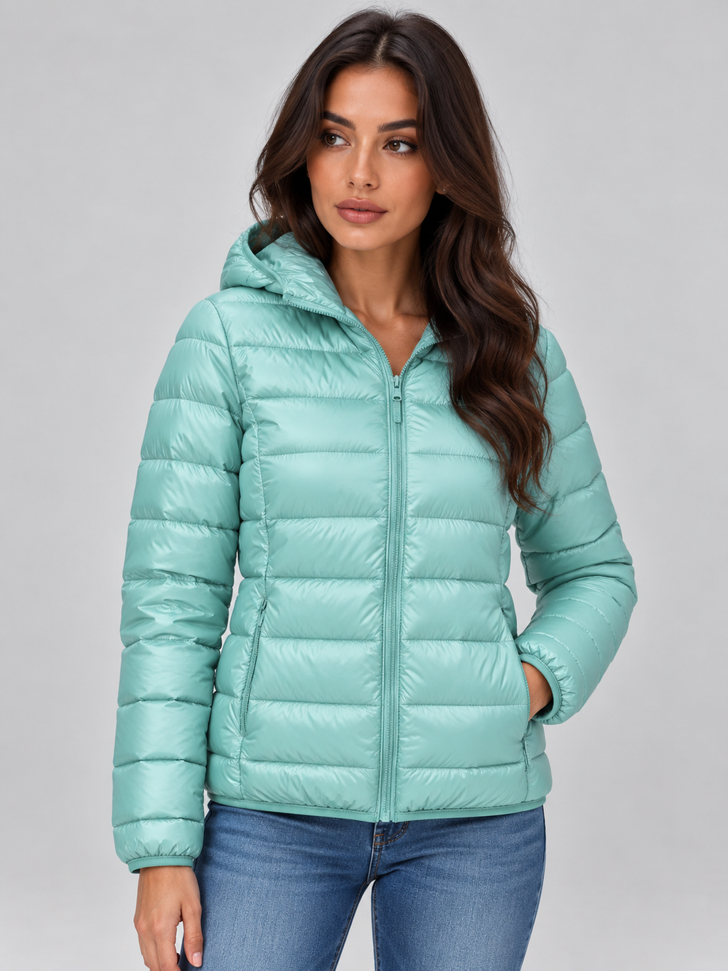 Woman wearing mint green quilted zip-up puffer coat with hood over blue jeans against white background