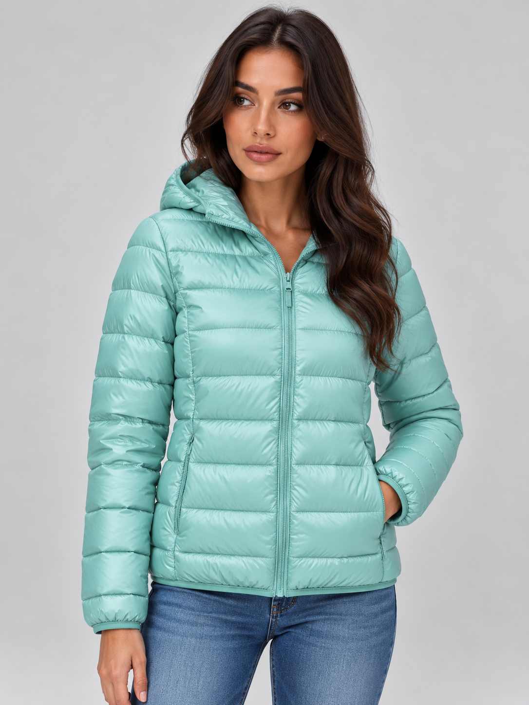 Woman wearing mint green quilted zip-up puffer coat with hood over blue jeans against white background