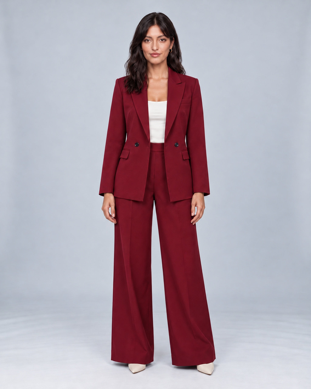 Women's Tailored Two-Piece Trouser Suit with Double-Breasted Blazer and Wide-Leg Trousers – Jasmine, Burgundy, full-length outfit, Urban Devyne studio; refined soft chin lighting