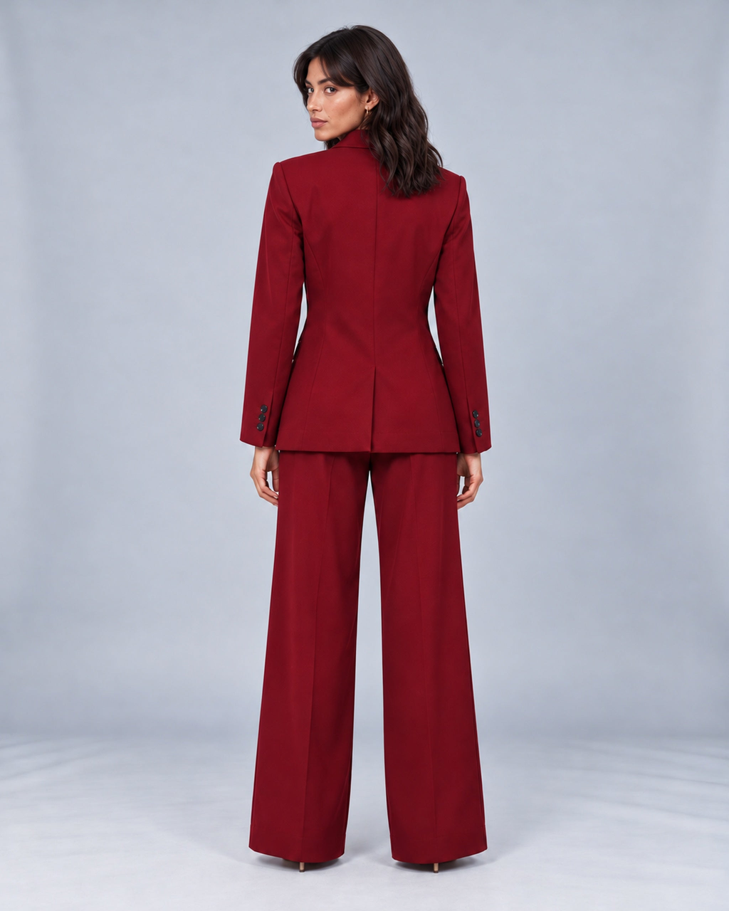 Women's Tailored Two-Piece Trouser Suit with Double-Breasted Blazer and Wide-Leg Trousers – Jasmine, Burgundy, rear view, Urban Devyne studio; refined soft chin lighting, corrected Jasmine over-shoulder identity
