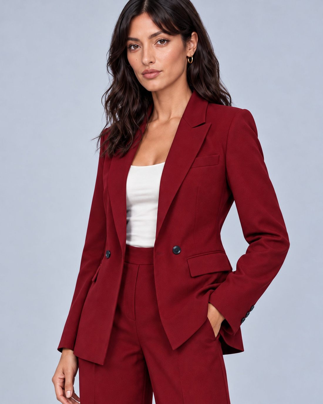 Women's Tailored Two-Piece Trouser Suit with Double-Breasted Blazer and Wide-Leg Trousers – Jasmine, Burgundy, three-quarter pocket pose, Urban Devyne studio; refined soft chin lighting