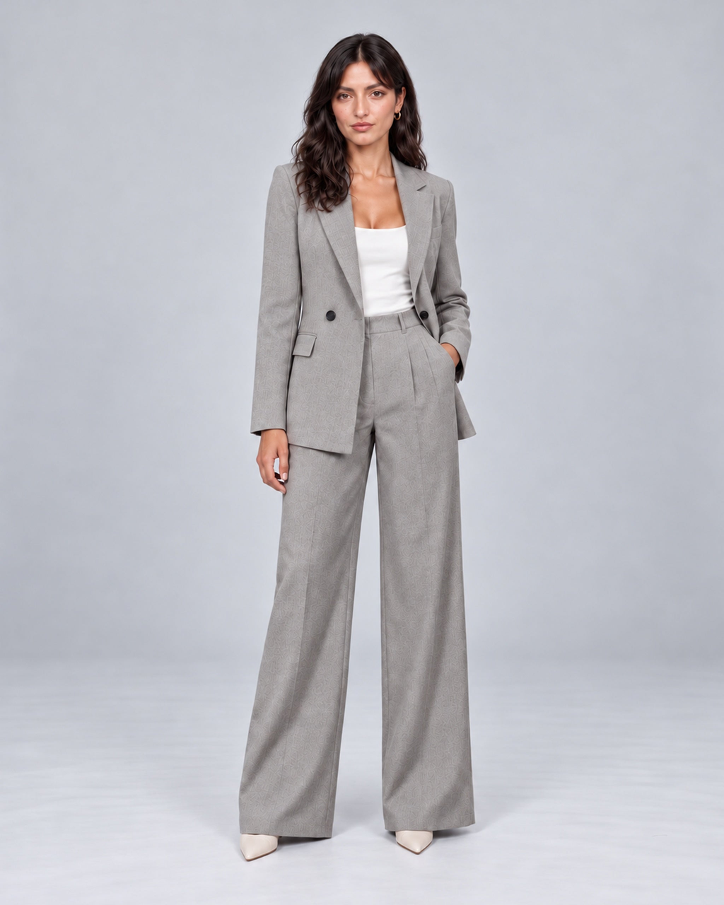 Women's Tailored Two-Piece Trouser Suit with Double-Breasted Blazer and Wide-Leg Trousers – Jasmine, Grey, full-length outfit, Urban Devyne studio; refined soft chin lighting